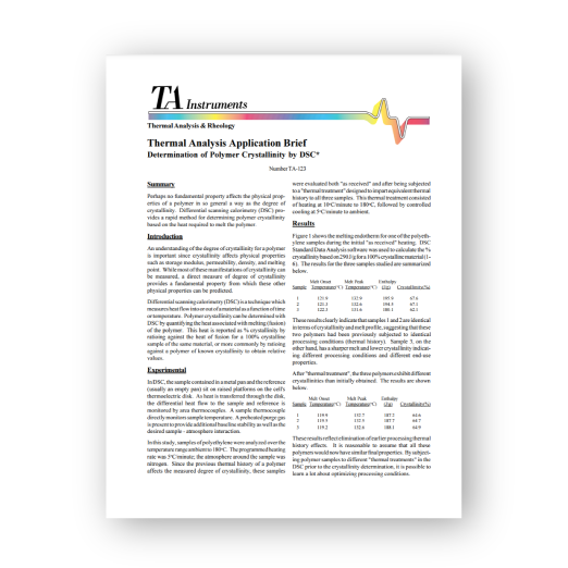 Thermal Analysis Application Brief Determination of Polymer Crystallinity by DSC